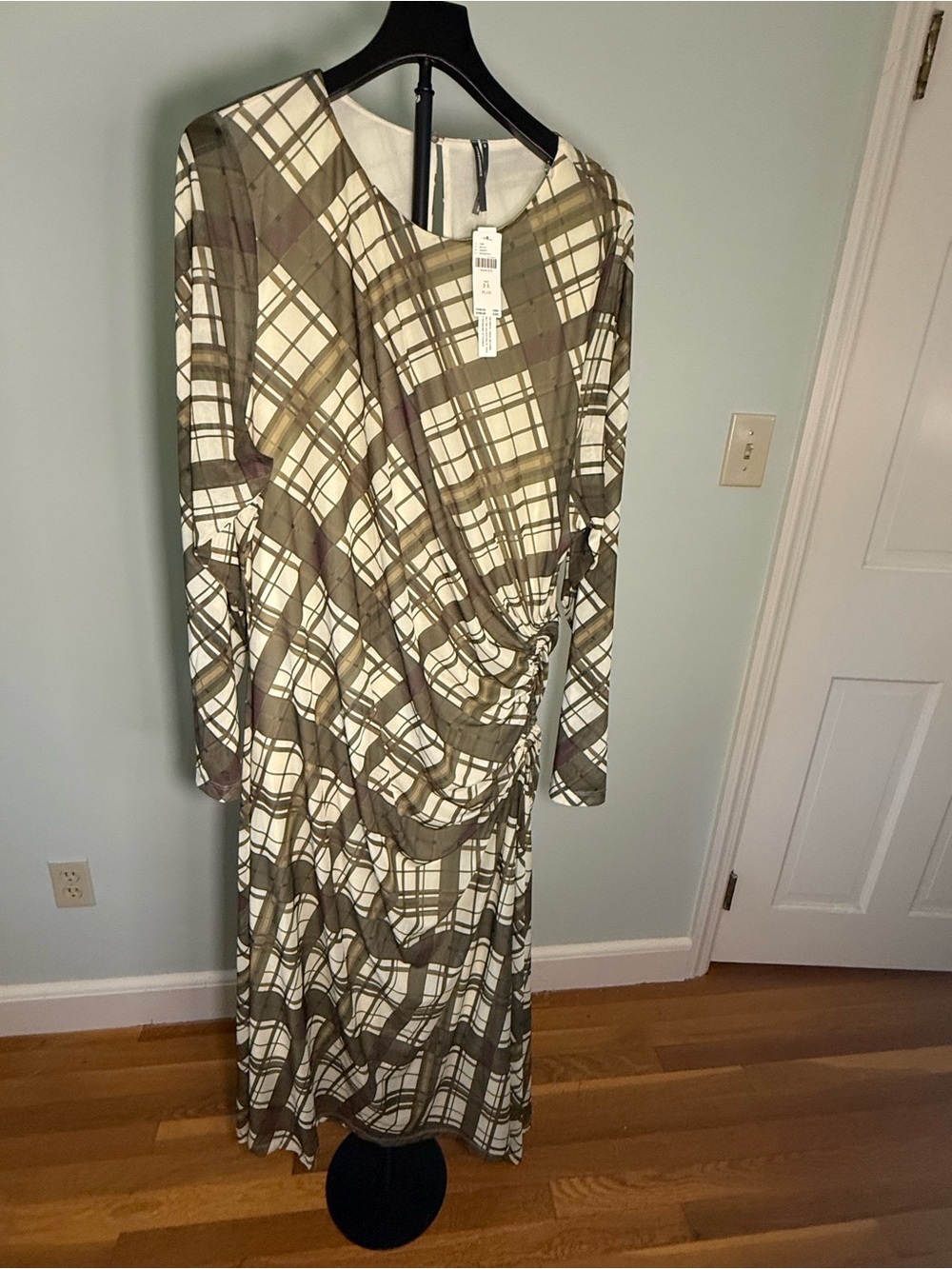 Anthropologie - NWT 3X Plaid Long Sleeve Ruched Midi Dress - Olive & Cream